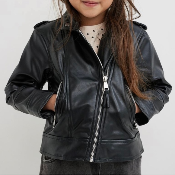 (NEW) H&M BLACK FAUX LEATHER BIKER JACKET (SIZE 8) - Picture 7 of 8
